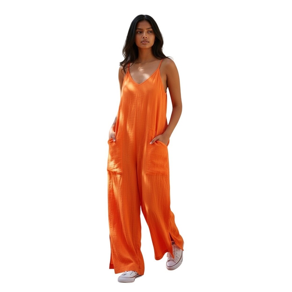 Sanctuary Orange Crinkle Gauze Wide Leg Jumpsuit Large, relaxed, vacation